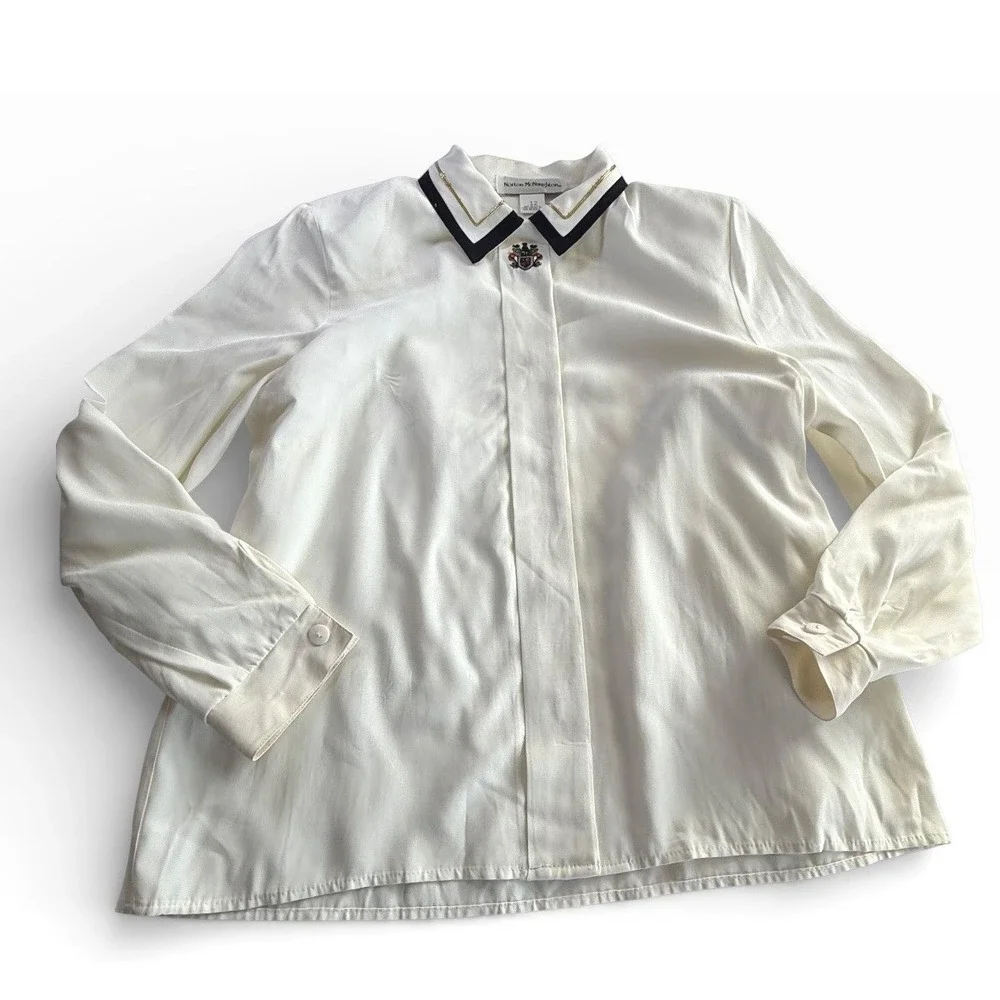 Norton McNaughton‎ Womens Cream Crest Emblem Collared Button Up Shirt Size 12